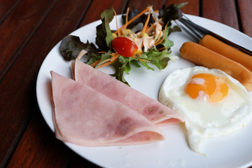american breakfast set on wood table
