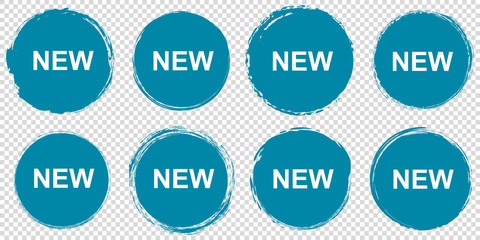 set of blue NEW round banners - brush painted circle on transparent background