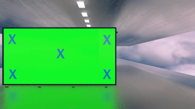 Video mock up of green screen billboard futuristic plane tunnel between clouds. Space, technology concept for promotion, advertisement. Blank stand on sky for marketing.  