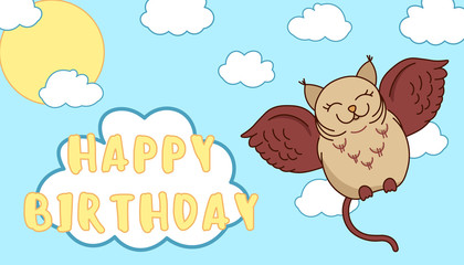 cute smile cat owl fantasy adorable cartoon drawn animal, on blue sky background with sun light and white clouds for birthday greeting, editable vector illustration