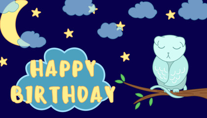 cute cat owl fantasy adorable sleeping cartoon drawn animal, on night sky background with moon light and stars, for birthday greeting, editable vector illustration