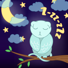 cute cat owl fantasy adorable sleeping cartoon drawn animal, on night sky background with moon light and stars, editable vector illustration