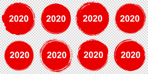 set of red 2020 New Year round banners - brush painted circle on transparent background