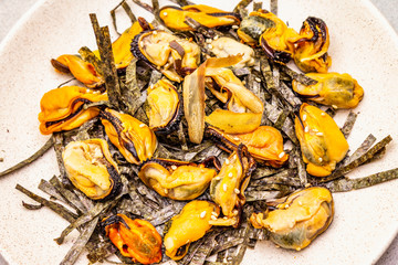 Mussels with nori seaweed, sesame and tuna bonito flakes