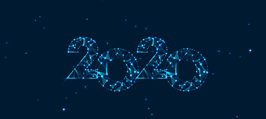 Fototapeta na wymiar Happy new year 2020 banner design. Geometric polygonal 2020 new year greeting card. Vector firecracker background. Low polygon