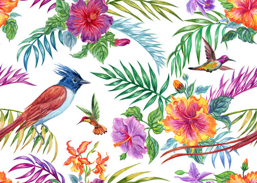 Seamless tropical pattern of hibiscus flowers, palm leaves, orchids and birds, watercolor illustration on white background, print for fabric and other designs.