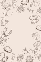 Vector set with hand drawn seafood illustration.