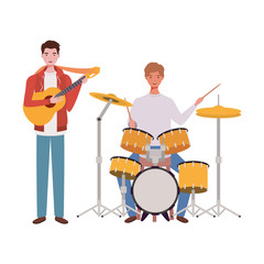 men with musicals instruments on white background
