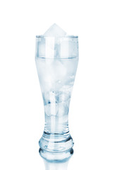 One full transparent glass of cool crystal clear water and ice cubes with mirror reflection on white background isolated closeup, blue cup of cold mineral icy water design, natural fresh drink concept