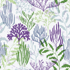 Coral reef seamless pattern., Ocean depth undersea bottom coral reef flourish.