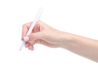 White pen in hand on white background isolation