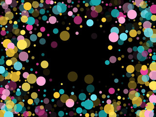 Memphis round confetti festive background in cyan blue, pink and yellow. Childish pattern vector.