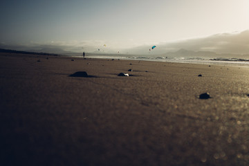 Fototapeta na wymiar Personas practicando kitesurf al atardecer en la playa de Famara en la isla de Lanzarote