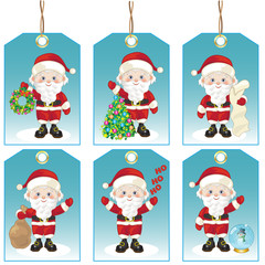 Set of six Christmas labels with small Santa Claus to decorate the fir or gift packages