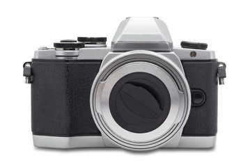 Mirrorless digital photo camera. Retro old style isolated on a white background