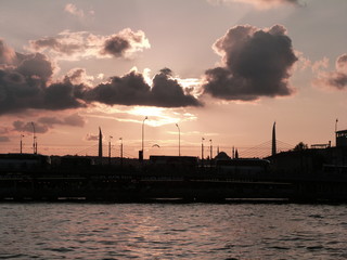 Fototapeta na wymiar Istanbul Turkey Sunset Silhouette at Eminonu and Karakoy