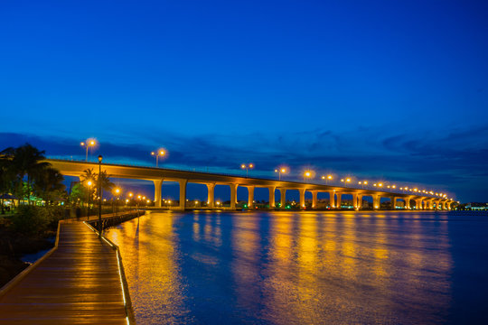 The Segmental Precast Concrete Roosevelt Bridge as seen from the Riverwalk in Downtown Stuart, Martin County, Florida, USA