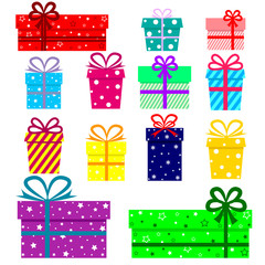 Gifts or presents boxes icons for valentine or christmas design vector illustration. Collection of gift boxes wrapped in colored packing.