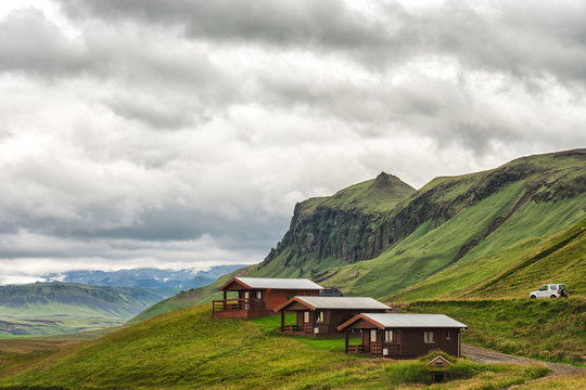 Small Double Wooden Cabin At A Campsite In Iceland, Scandinavia