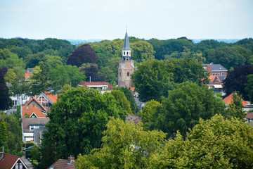 Aerial view on Nunspeet, a small Dutch village with church in the Netherlands
