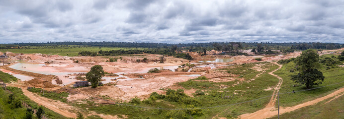 Aerial view of deforested area of the Amazon rainforest caused by illegal mining activities in Brazil. Deforestation and illegal gold mining destroy the forest and contaminate the rivers with mercury.