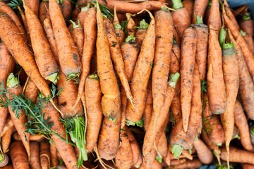 Fresh carrots at the market for sale. Vegetables on the counter. 