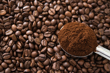 coffee powder in spoon on coffee bean.