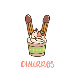 Ice cream with churros and strawberries. Churros (or churro) is a traditional Spanish dessert. It can be used for menu, sign, banner, poster, etc.