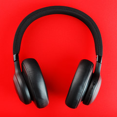 Wireless black headphones on a red background. View from above. In-ear headphones for playing games and listening to music tracks