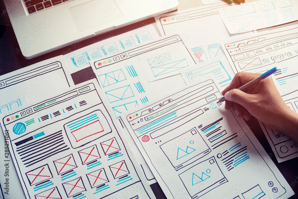Poster Website designer Creative planning application developer development draft sketch drawing template layout prototype framework wireframe design studio . User experience concept .