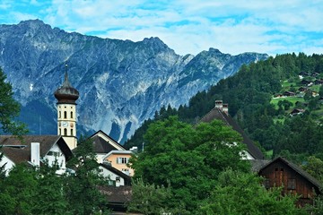 Fototapeta na wymiar Austrian Alps-view of the church in town Schruns