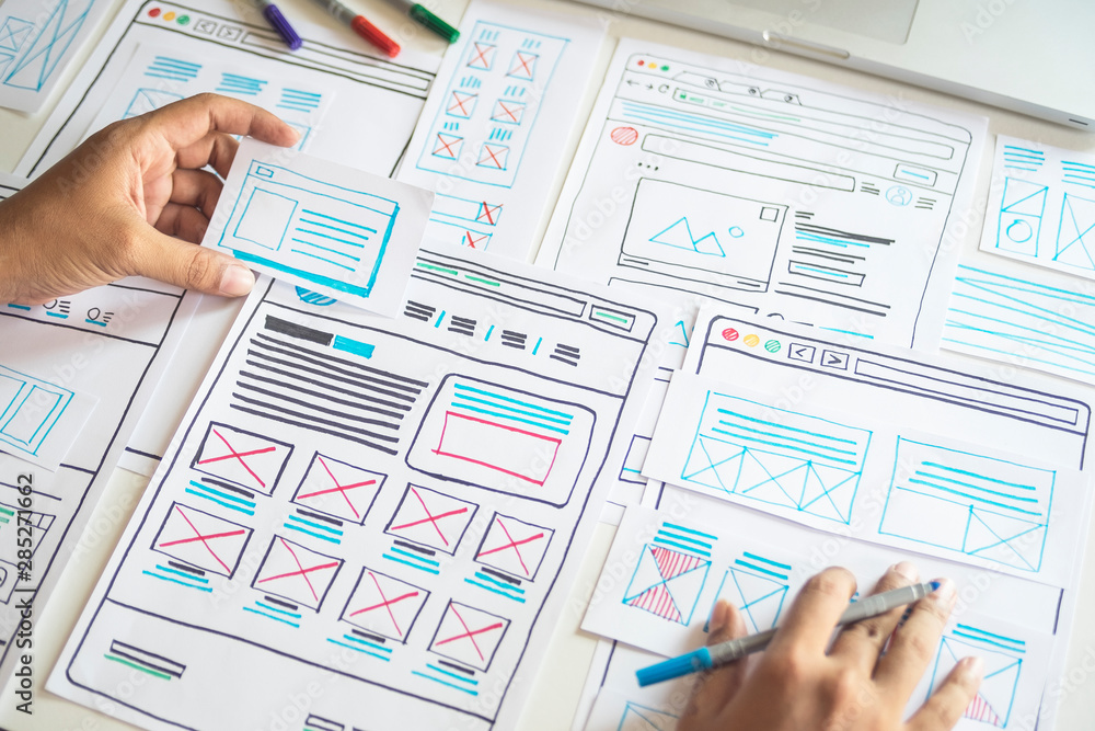 Poster Website designer Creative planning application developer development draft sketch drawing template layout prototype framework wireframe design studio . User experience concept .