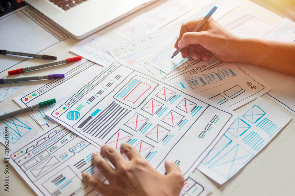 Poster Website designer Creative planning application developer development draft sketch drawing template layout prototype framework wireframe design studio . User experience concept .