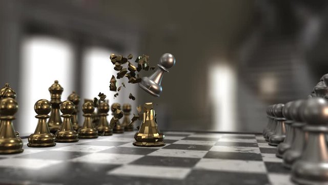 pawn shattering a golden queen chess piece.