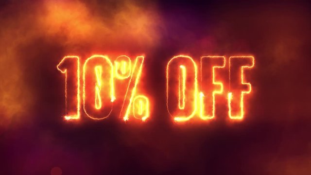 10 percent off burning text symbol in hot fire on black sale  background