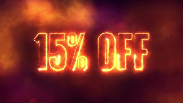 15 percent off burning text symbol in hot fire on black sale  background