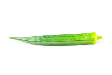 Fresh  single organic green okra isolated on white background.