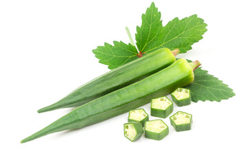 Fresh  organic green okra and single leaves isolated on white background.