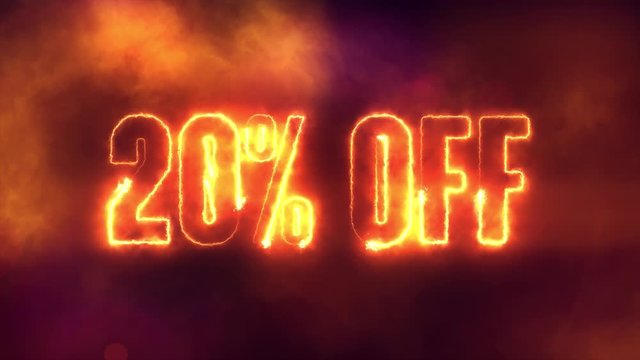 20 percent off burning text symbol in hot fire on black sale  background