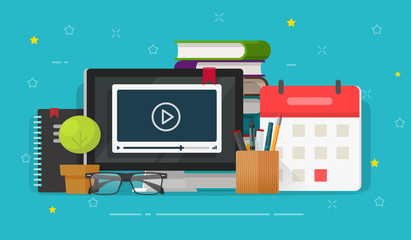 Webinar distance learning or video watching on computer education vector, flat cartoon working table desk and study stuff, idea of online courses or internet study, school or student workplace