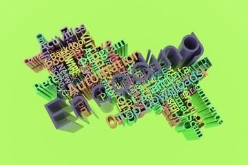 Encoding, ICT, information technology keyword words cloud. For web page, graphic design, texture or background. 3D rendering.
