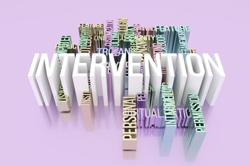 Intervention, ICT, information technology keyword words cloud. For web page, graphic design, texture or background. 3D rendering.