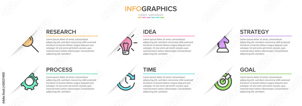 Poster concept of arrow business model with 6 successive steps. five colorful rectangular elements. timelin