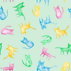 Cats animals watercolor painting - hand drawn seamless pattern on light green