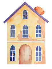 Watercolor old house with pumpkin on roof