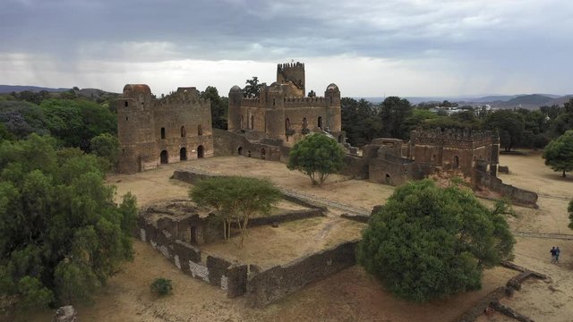 Aerial view of remains of historic fortress in Gonder, Ethiopia