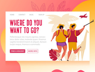 Couple of young people, man and woman with backpacks traveling on holiday trip.Taking a photo with phone camera.Vacation background.Vector illustration with flat cartoon characters.Web page layout.