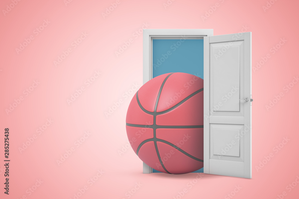 Poster 3d rendering of huge basketball emerging from open door on pink gradient copyspace background.