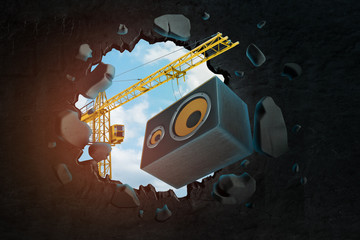 3d rendering of hoisting crane carrying sound column speaker and breaking hole in wall with blue sky seen through.