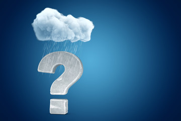 3d rendering of stone question mark under raining cloud on blue gradient background with copy space.